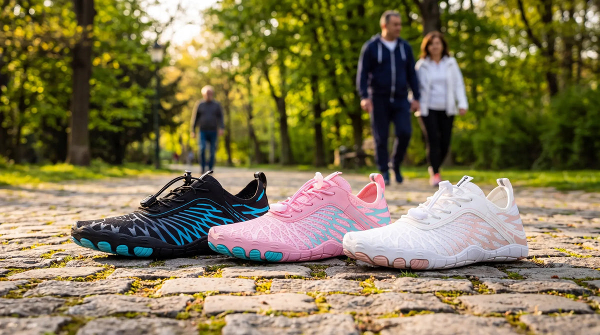Zapatillas MONTBELO negras, rosas y blancas sobre un camino de piedra.